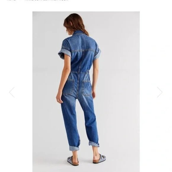 We The  Free Womens Jumpsuit Size Medium Blue Marci Denim Coveralls Short Sleeve - Picture 9 of 10